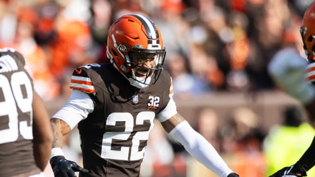 Nov 5, 2023; Cleveland, Ohio, USA; Cleveland Browns safety Grant Delpit (22) celebrates a third down stop against the Arizona Cardinals during the first quarter at Cleveland Browns Stadium.